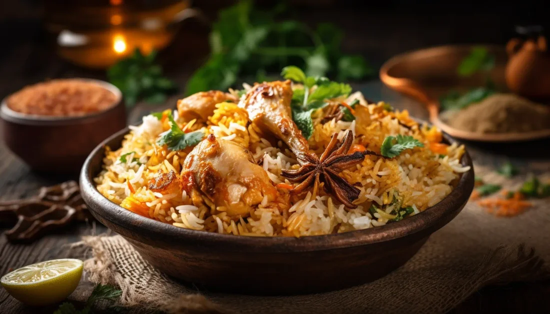 Chicken biryani in a clay bowl, topped with fried onions and whole spices